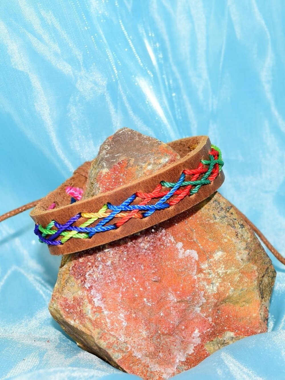 Caz Punch Cross Stitch Leather Bracelet Red Blue Green Brown Mens Gift Boxed